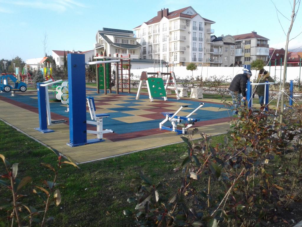 Детская площадка и спортивные снаряды в 50 метрах от дома
