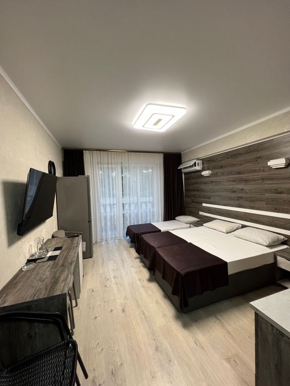 Трёхместный номер  с кухней и большим балконом с видом на горную реку