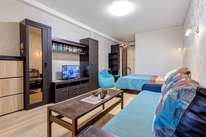 Общий вид на комнату, вместительная мебель большой вместимости, складной диван, кровать и места для отдыха.