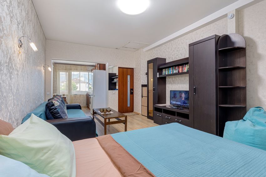 Вид на мебель, кровать, раскладной диван и проход на кухню.