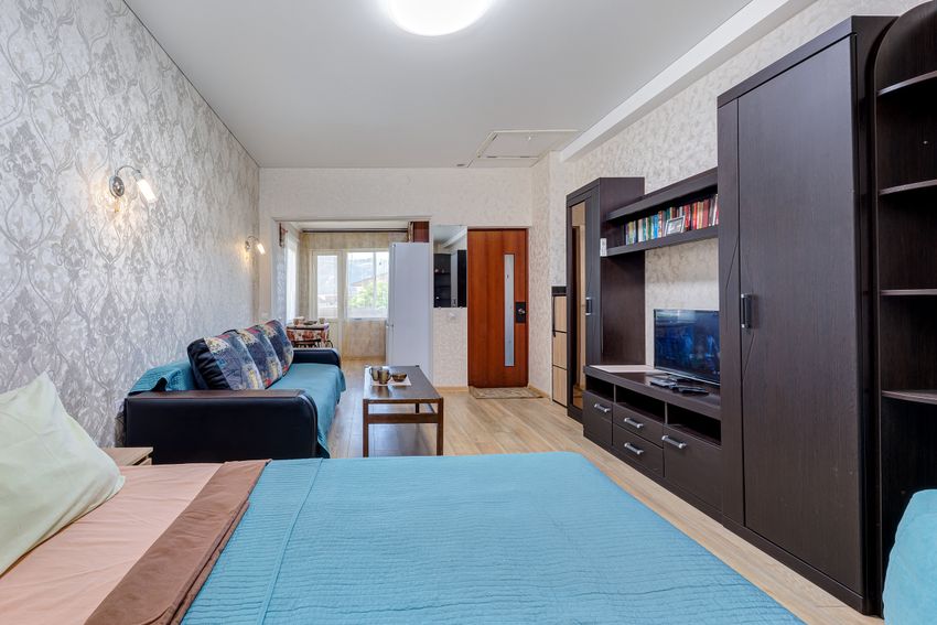 Вид на мебель, кровать, раскладной диван и проход на кухню.