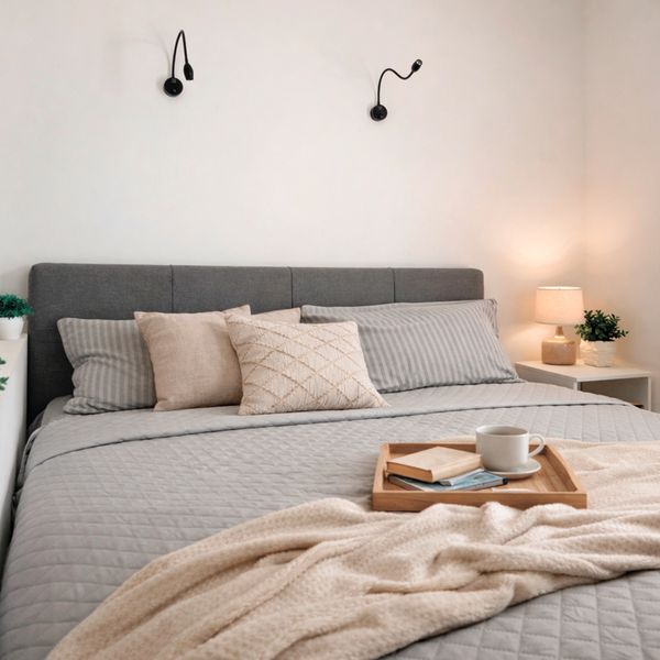 Отдельная уютная спальня с комфортной двуспальной кроватью и качественным постельным бельём. Спокойная атмосфера и продуманное освещение создают идеальные условия для полноценного отдыха после дня у моря. Есть места для хранения вещей, что особенно удобно